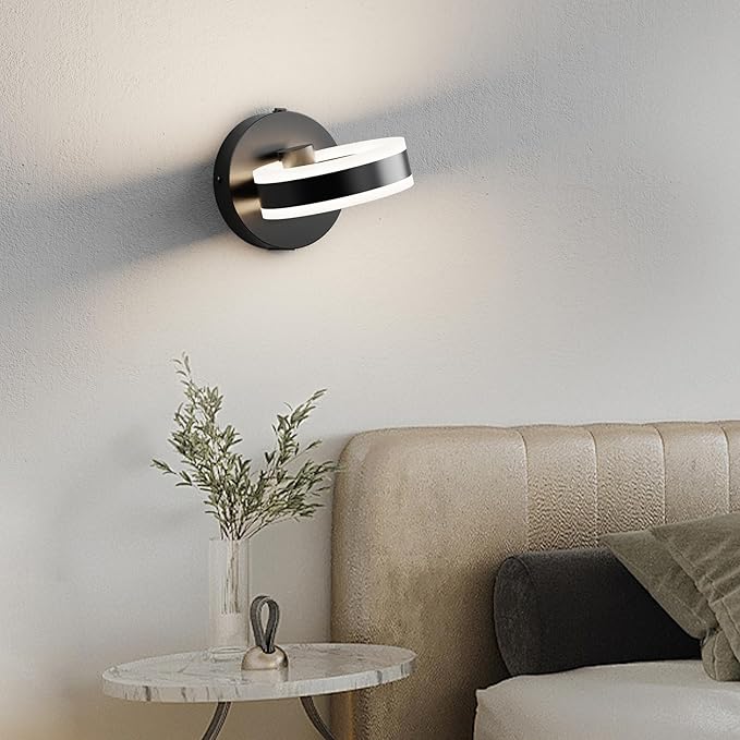 Wall Lamp LED Wall Sconce Rotatable Up-Down Sconces Wall Lighting with Built-in Switch and USB Charging Port 110 Volt AC Hardwired Wall Light (Black,2 Pack)
