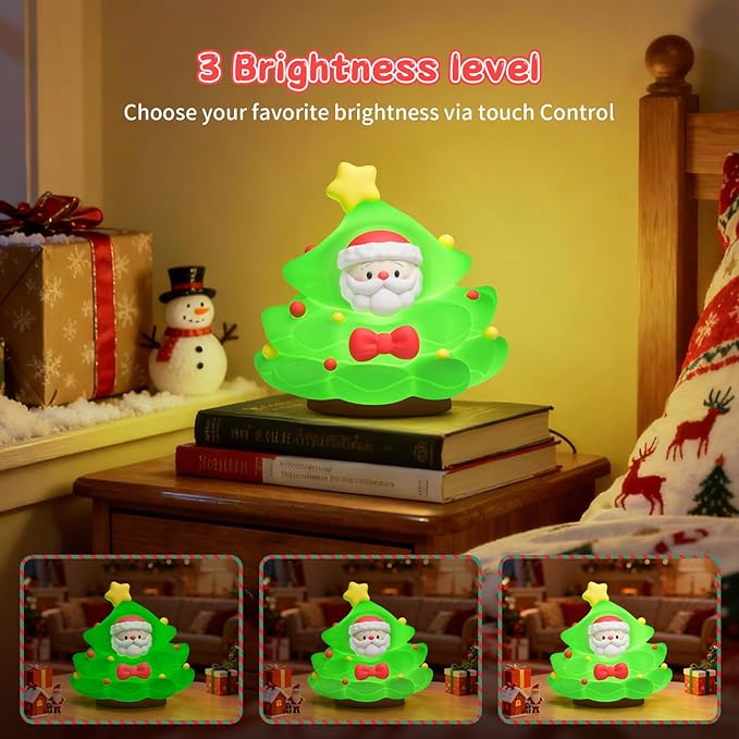 Christmas Tree Night Light, Touch Control LED Lamp, Silicone Green with Yellow Star, USB Rechargeable, 3 Brightness with Auto-Off Feature, Indoor Bedroom Decor