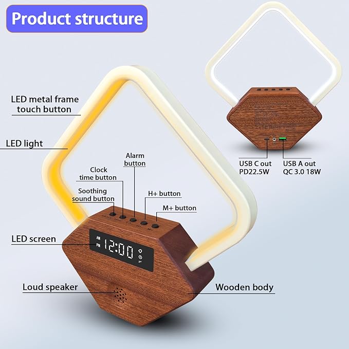 Sunrise Alarm Clock for Bedrooms Heavy Sleepers 15 Sleep Sounds White Noise Machine Baby/Adults 3 Color Table Lamp 10 Ringtones with PD22.5W USB C Fast Charger Birthday Gifts for Women