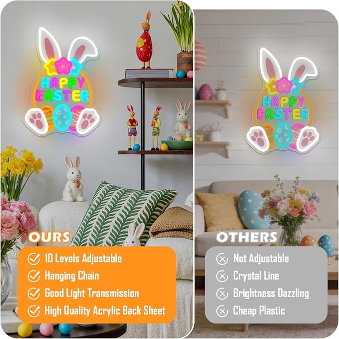Happy Easter Neon Sign for Wall Bunny Neon Light for Bedroom Door Dimmable Eggs Led Sign Light Up Basket Sign for Shop Home Office Easter Decorations Neon Wall Art Gifts for Family