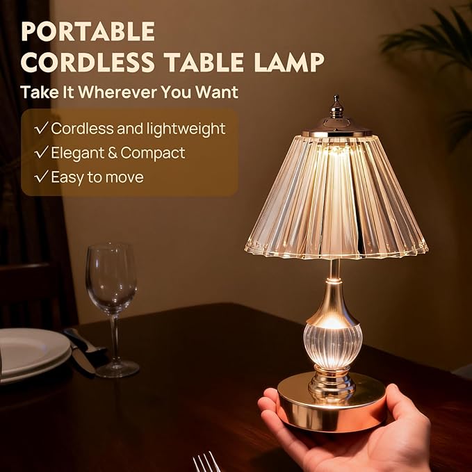 Vintage Gold Crystal Rechargeable Lamp Cordless, LED Touch Battery Operated Table Lamp, 3 Colors Dimmable Portable, Modern Home Decor, Bedroom, Bedside, Living Room, Kitchen, Pleated