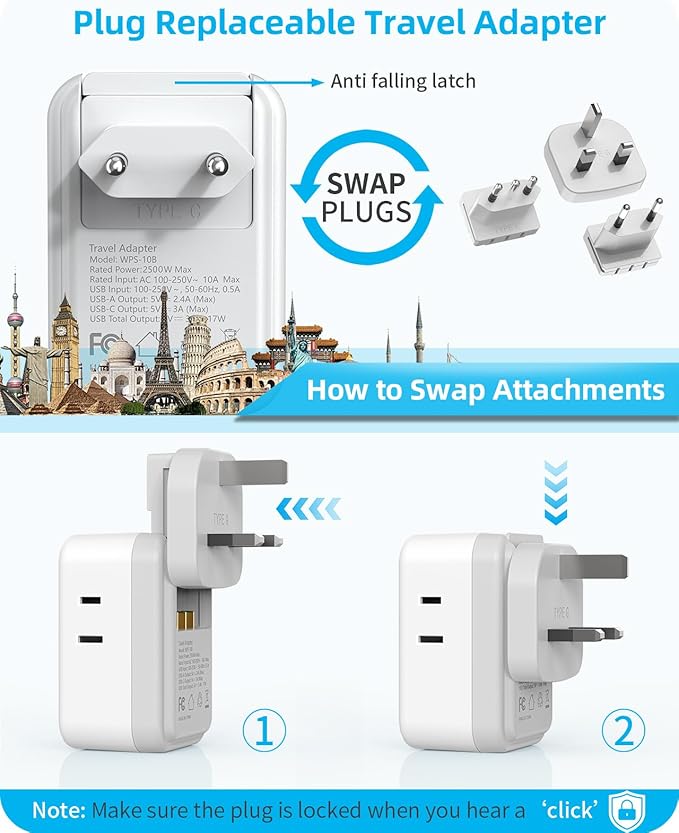 European Travel Plug Adapter Set, 8-in-1 Travel Adapter with 4 AC, 4 USB Ports (2 USB C), US to EU/UK Italy France Germany, International Power Adapter with Type G/C/L Detachable Plugs