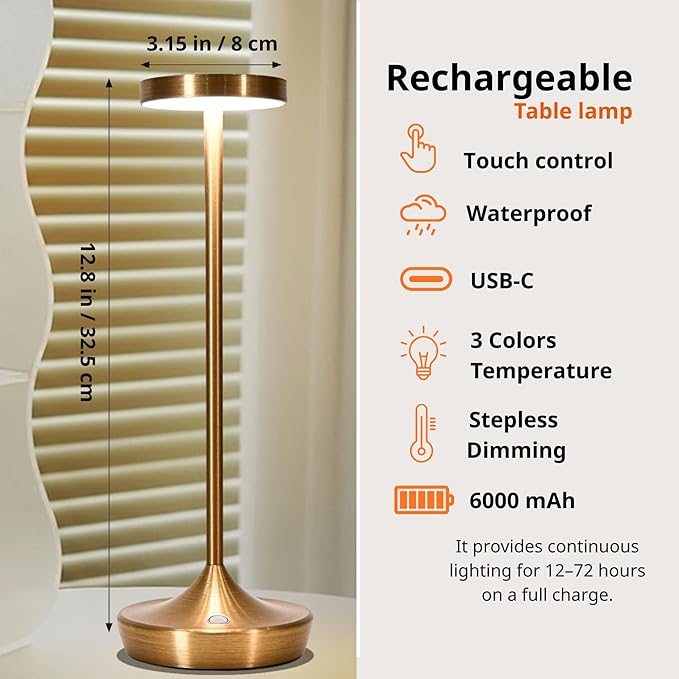 Cordless Table Lamp Rechargeable - 6000mAh LED Battery Operated Table Light - Portable Touch Dimmable Outdoor Waterproof Table Lamps for Patio Restaurant Dining (Bronze)