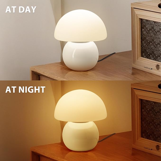 Mushroom Table Lamp for Bedroom Living Room Small Vintage Table Lamp Dimmable Bedside Lamp Ceramic Base & Glass Led Cozy Lamp Desk Light for Home Aesthetic Decor