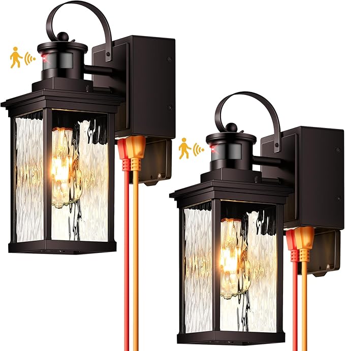 Oil-Rubbed Bronze Motion Sensor Exterior Lighting Fixtures for House with GFCI Outlet, Farmhouse Outdoor Porch Lights Wall Mount with Tempered Water-Ripple Glass, Outside Sconces for Garage