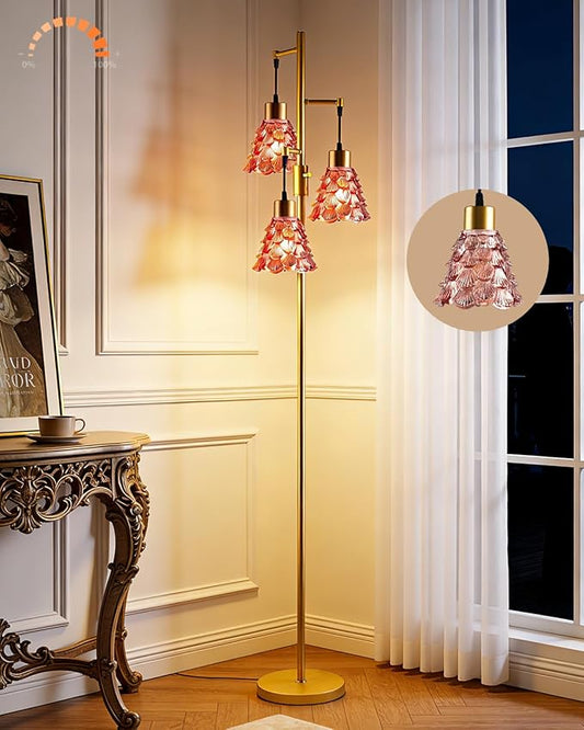 Lightdot 65" Glass Floor Lamps for Living Room, 3-Light Dimmable Floor Lamp with Rose Red Glass Shade& E12 Bulbs Included, Mid Century Standing Tall Lamp for Bedroom/Sofa Beside/Corner Decor-Gold