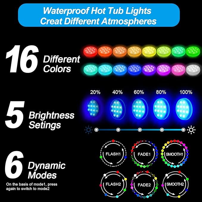 Rechargeable Submersible Led Lights: Pool Lights with Remote IP68 Waterproof 16 Color Changing Floating Bathtub Light with Magnet for Pond Hot Tub Christmas Decoration 1Pack