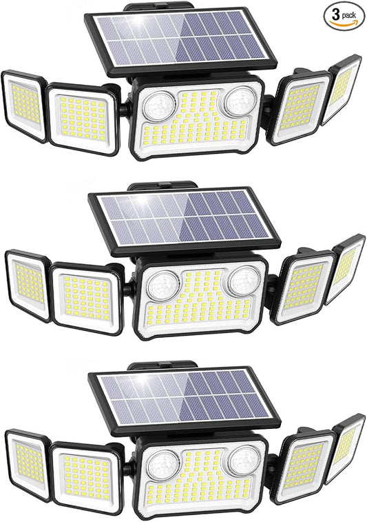6000LM Solar Lights Outdoor, 5 Heads Solar Security Lights with Remote Control, IP65 Waterproof Motion Sensor Lights 3 Modes Flood Lights for Wall, Porch, Yard, Outside, 3 Pack