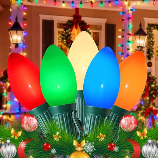C9 Ceramic Multicolor Christmas String Lights, 25FT Vintage Christmas Lights Green Wire with 25+1 Multicolored C9 Light Bulbs, Hanging String Light for Xmas Tree Home Yard Party Decor, 7W, E17 Base