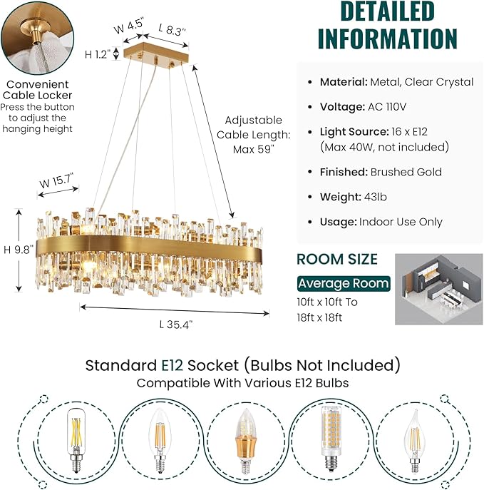 Siljoy Modern Crystal Chandelier 16 Lights Rectangular Gold 2-Tiers Raindrop Crystal Chandelier Oval Adjustable Hanging Pendant Ceiling Light Fixture for Dining Living Room Kitchen Island 35.4 Inch