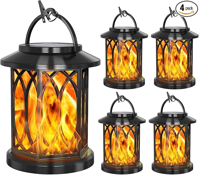 YoungPower Solar Flickering Flame Lantern Outdoor Lights , Waterproof Hanging Solar Lanterns Lights, Solar Powered Lanterns Outdoor for Patio Yard Deck Pathway, 4 Pack