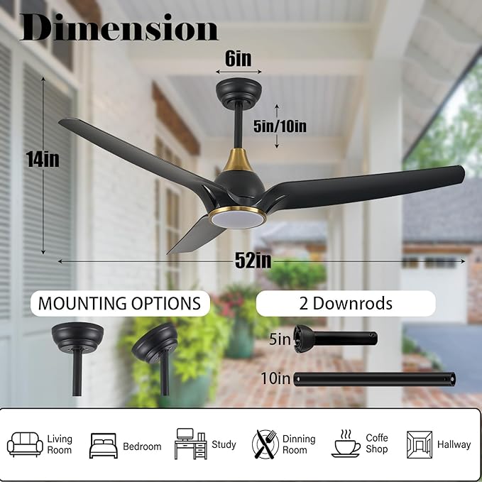 Ceiling Fans with Lights,52 inch Black Ceiling fan with App and Remote Control,Reversible modern DC ceiling fans,3CCT,Dimmable,Noiseless,Ceiling Fan for Bedroom,Living Room,Indoor/Outdoor Use
