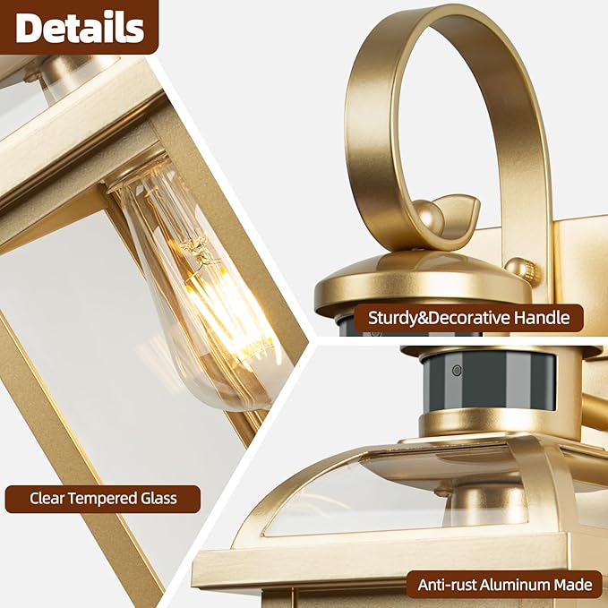 Gold Motion Sensor Outdoor Light Fixtures Dusk to Dawn 2-Pack, 16 Inch Brass Outdoor Wall Sconces Photocell Outside Lights for House Front Porch Lights Carriage Coach Lights Courtyard