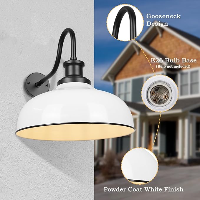 Outdoor Gooseneck Barn Lights, 14 Inch Dome Outdoor Wall Sconce Farmhouse Exterior Wall Mount Light Vintage Wall Lighting Fixture Industrial Wall Lantern for Porch, Entryway, Garage, RZ007M-2 WH