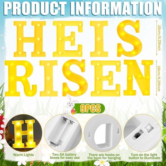 He is Risen Large LED Lights Easter Decorations for Bedroom Living Room Religious Decor Church Celebration Battery Powered Easter Party Supplies