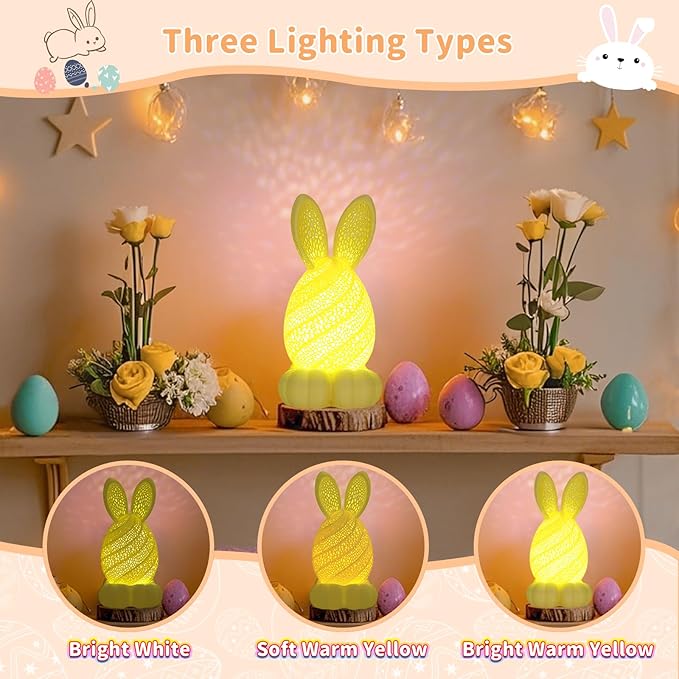 Easter Bunny Night Light, Rechargeable & Dimmable 3D Printed Cute Rabbit Lamps, Portable Animal Nightlight for Girls & Boys, Unique Spring Party Favors Easter Basket Stuffers for Kids Teens(Yellow)