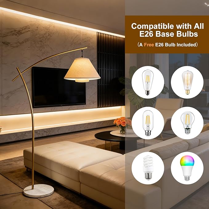 Lightdot Arc Floor Lamp for Living Room, Modern Standing Tall Lamps with Double Linen Lampshade, Tall Hanging Pole Lamp with Bulb Included for Bedroom Sofa Beside/Corner Decor - Gold