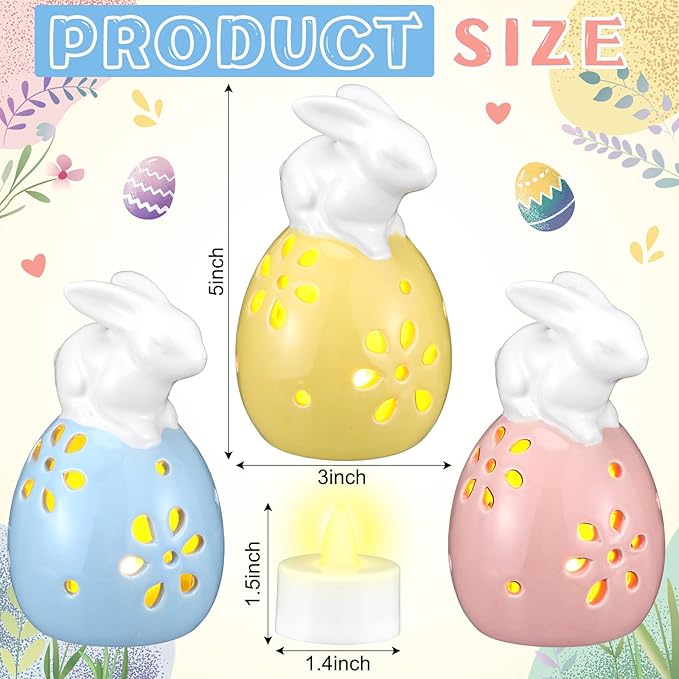 Frienda 3 Pcs Easter Ceramic Bunny Figurine Easter Egg 5 Inch LED Light up White Bunny with Egg Luminous Lighted Decorative Eggs for Table, Spring Rabbit Farmhouse Rustic Decoration