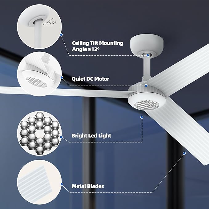 TALOYA 52 inch Modern Ceiling Fan with Lights,Remote Control,3 Metal Blades,White Finish,6-Speed,Dimmable, Noiseless Reversible DC Motor,Indoor/Outdoor Ceiling Fan for Living Room Bedroom patio