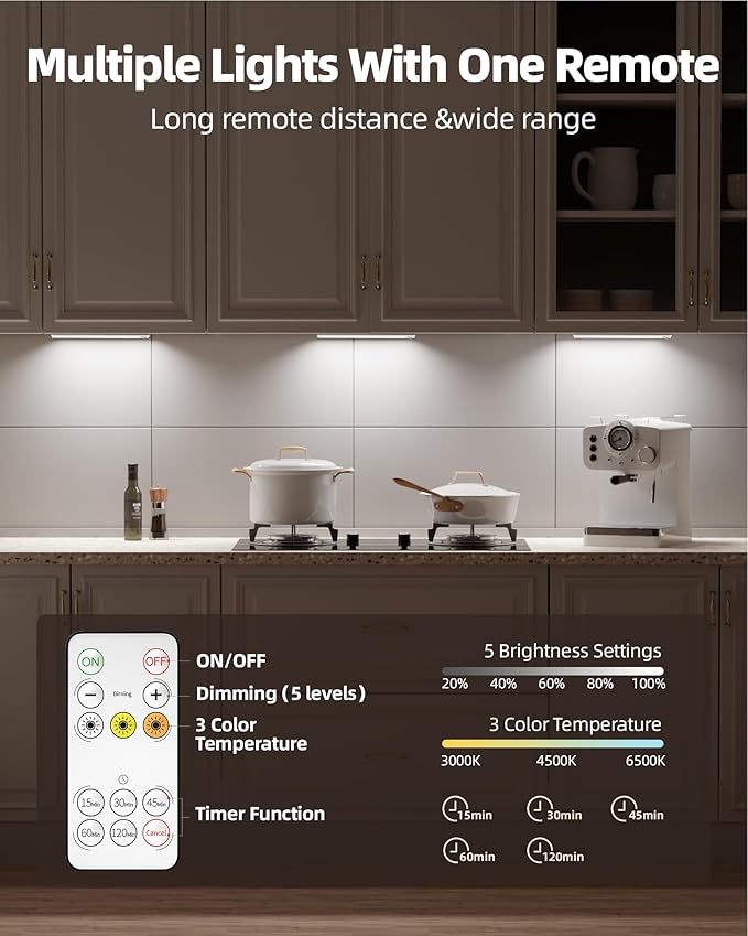 52LED Under Cabinet Lighting，1800mAH Rechargeable Battery Operatured Motion Sensor Light Indoor，3 Color Temps&Dimmable Wireless Closet Lights w/Remote for Kitchen，Counter，Stairs (2 Pack)