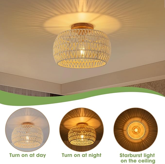 Boho Light Fixtures Ceiling ,Cream White Rattan Chandelier Ceiling Light,Small Rattan Flush Mount Ceiling Light Hand-Woven Chandelier for Nursery Light Fixture Kitchen Farmhouse Bedroom Chandeliers
