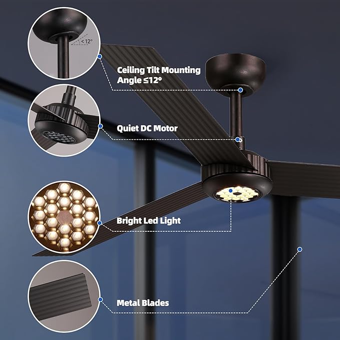 TALOYA 52 inch Modern Ceiling Fan with Lights,Remote Control,3 Metal Blades,Coffee-brown Finish,6-Speed,Dimmable, Noiseless Reversible DC Motor,Indoor/Outdoor Ceiling Fan for Living Room Bedroom patio