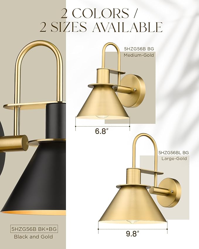 Wall Sconces for Bathroom Set of 2, HWH Wall Mount Lighting with Metal Shade, Gooseneck Gold Wall Lights for Living Room Mirror Kitchen, Gold Finish, 5HZG56BL-2 BG