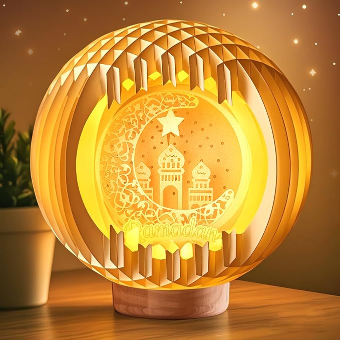 Light Up Ramadan lights with USB Charging for Tabletop, Paper Carving Ramadan Decorations for Home,Ramadan Decor Lamp,Ramadan Gifts for Kids,Ramadan Mubarak Kareem Sign for Eid Table Decorations (not Wood Material)