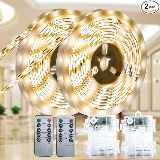 Battery-Powered LED Strip Lights Warm White with Remote, 2 Pack of 6.6ft, 240 2835 LED Warm White, Cuttable, Timer Function, Waterproof, Suitable for Wardrobe, Kitchen, Bedroom Decor.