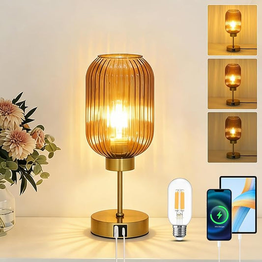 Vintage Gold Touch Table Lamp, Small Desk Lamp with Amber Glass Shade, Bulb, Charging Port, Mid Century Modern Bedside Lamp, 3 Way Dimmable Nightstand Lamp for Bedroom Living Room Home Office