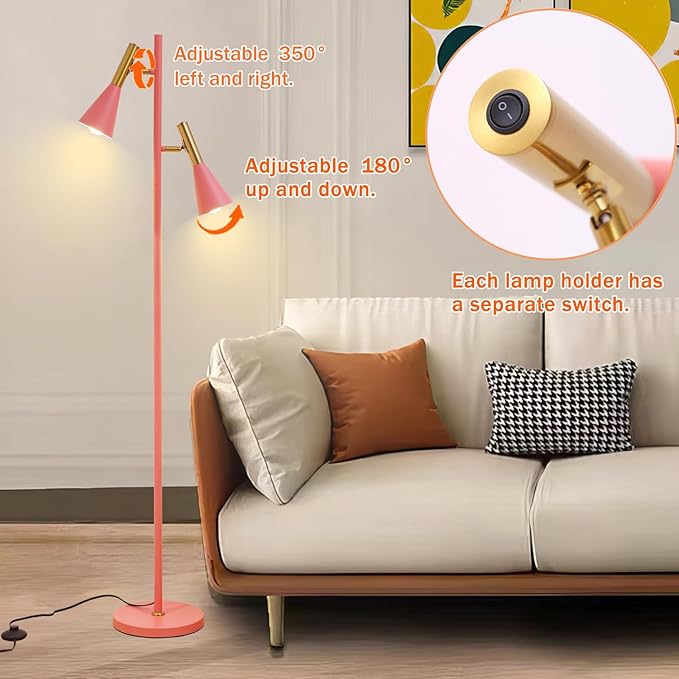 Modern Floor Lamp with 2 Adjustable Head Tall Pole Uplight for Living Room, Bedroom, Office,Pink and Gold Corner Light for Reading (Pink and Gold)