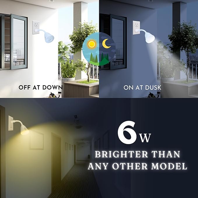 Bright Night Light LED Motion and Light Sensor AC Outlet Plug-in Flexible Neck Rotatable PIR Automatic Lamp Dusk to Dawn (6 Watts)
