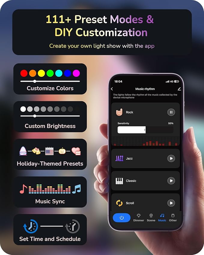 EDISHINE 200ft Cuttable Outdoor Permanent Christmas Lights Pro, 120 LED Smart RGB+IC+Warm White Eave Light, App/Remote, 111 Scene Modes IP67 Waterproof for House and Daily Decor, Alexa Google Enable