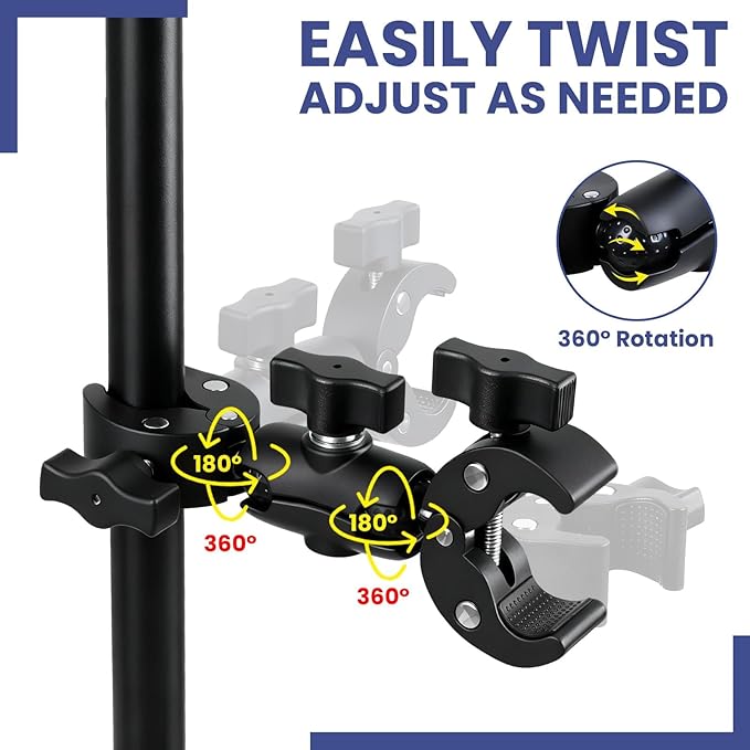 Double Ball Head Camera Clamp - Adjustable Mounting Bracket with Pliers-Style Grips for Photo Studio Equipment, Light Stands, Reflectors, Monitors, and Golf Cart Crossbars（6-9inch）