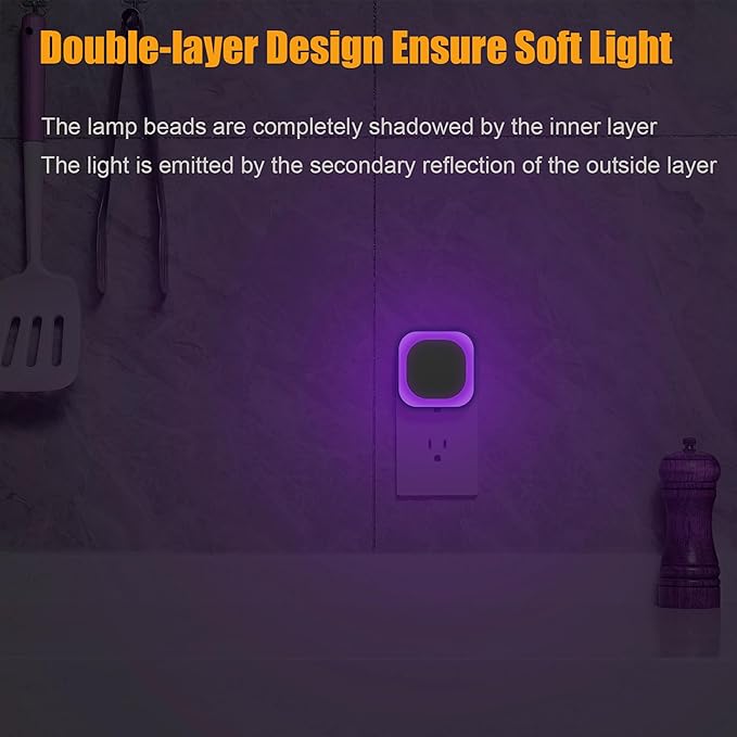 2 Pack Purple Night Light, Gentle Eye-Care with Dimmable Soft Glow & Indirect Reflection, Auto Dusk to Dawn Sensor, Plug in Nightlight for Meditation Corner, Creative Studio, Bedroom, Bathroom