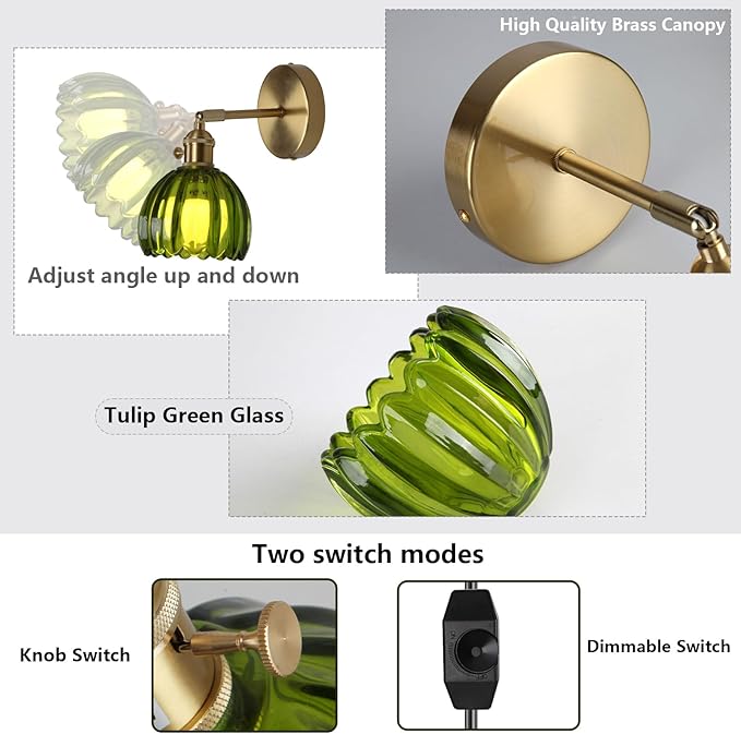 HuisMier Plug in Wall Sconces, Vintage Green Tulip Glass Lampshade Wall Light with On/Off Switch, Modern 180 Degree Adjustable Brass Wall Sconces for Bathroom Bedroom Living Room Hallway, Plug in