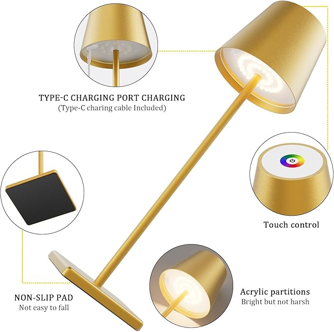 2-Pack LED Cordless Table Lamp with RGB & Stepless Dimming, 3W 5000mAh Rechargeable Desk Lamps Battery Operated Table Light Stepless Dimmable Portable Table Lamp for Table/Bedroom/Outdoor (Gold)