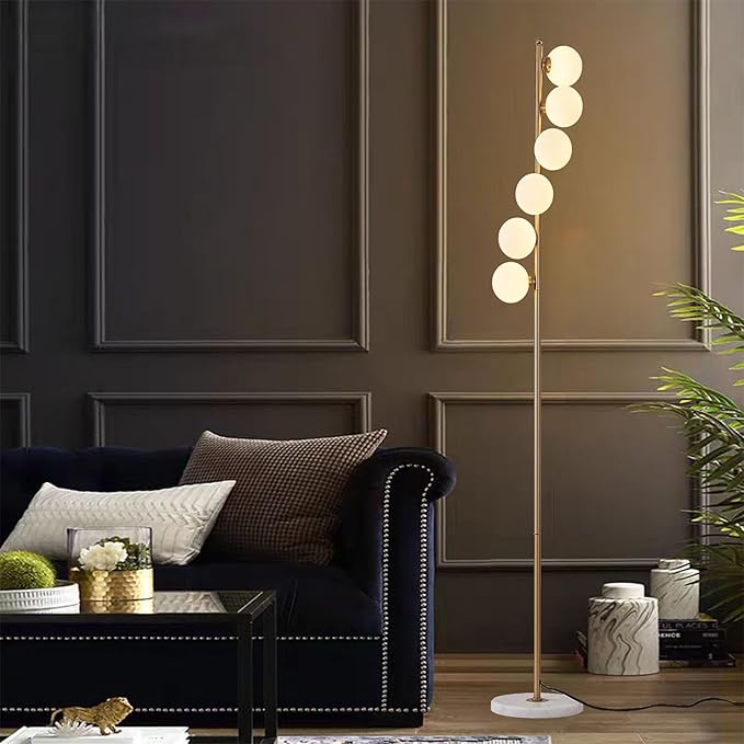NKU Mid Century Gold Retro Floor Lamp - White Glass Lampshade with Foot Switch, 3 Color Temperatures, 6 Globe Standing Tall Lamp for Living Room, Bedroom & Office