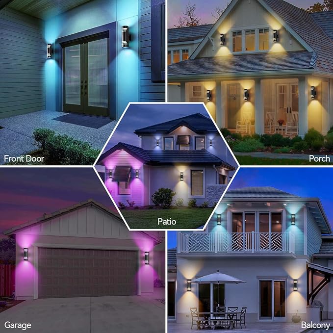 Smart Outdoor Wall Lights 2 Pack, Modern Up and Down Light Dusk to Dawn Outdoor Lighting Black Exterior Lighting Fixtures, Color Changing Porch Lights for Outside Decor, DIY Effects