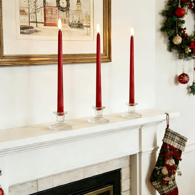 Red Flameless Taper Candles with Remote, Flickering LED Candlesticks Battery Powered Valentines Day Decor Set of 12