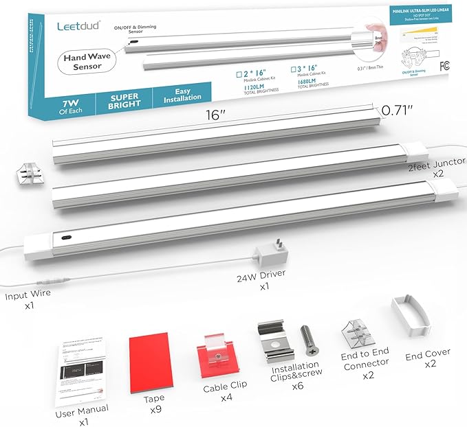 Hand Wave Under Cabinet LED Lighting Plug in, 16 Inch 3 Pcs Dimmable Linkable Ultra Thin Aluminum Alloy Housing, 4000K Natural White Motion Sensor Counter Lights for Kitchen, Shelf, Cupboard