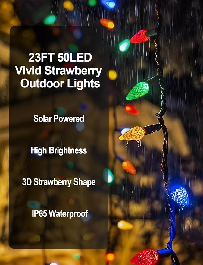 2 Pack Solar Christmas Lights Outdoor Waterproof C6 Strawberry LED String Lights 50 LEDs 23FT Solar Powered Fairy Lights for Garden Patio Yard Tree Wedding Holiday Decor