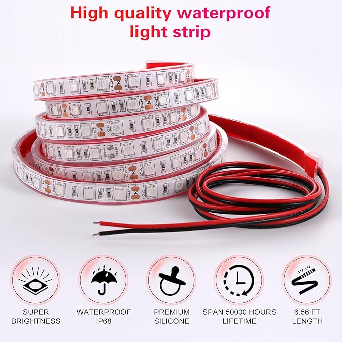 marine led strip lights, 12V 6.56FT IP68 Waterproof underwater led lights, Boat Interior Light, Boat Deck Lights Courtesy Lights for Night Fishing Pontoon Kayak Boats(RED)