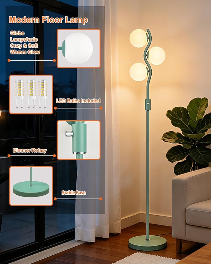 Lightdot 60IN Green Floor Lamp Stepless Dimmable Globe Floor Lamps with 3Pcs 3000K G9 Bulbs Eye-Friendly Mid Century Standing Lamps with Stable Base for Living Room/Bedroom/Corner