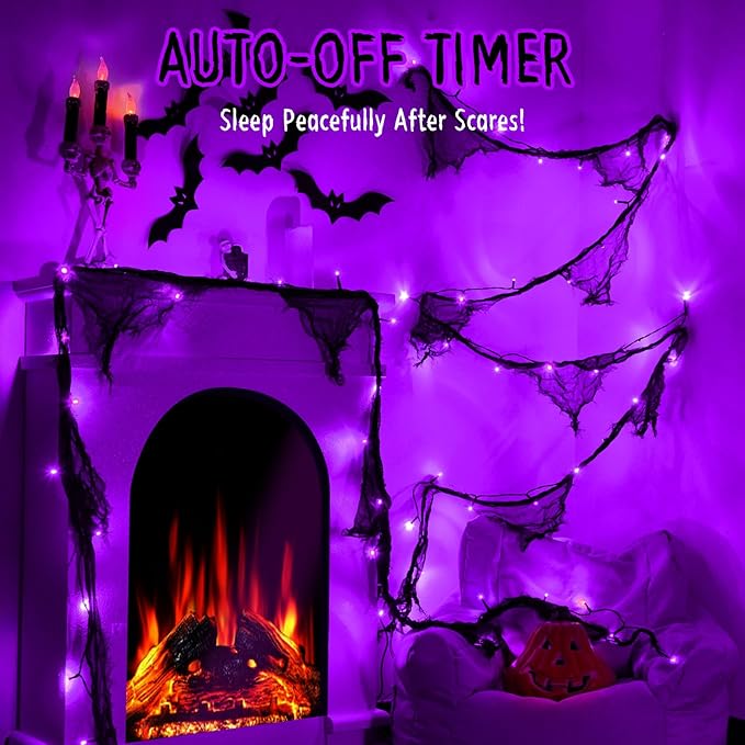 Halloween Lights Battery Operated or USB, Creepy Cloth String Lights with Timer Waterproof 9.8ft 30LED Purple String Lights Halloween Decortions for Fireplace Window Door Mirror