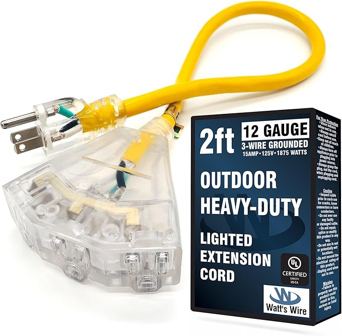 2 ft Short Outdoor Extension Cord Waterproof - 12 Gauge Heavy Duty Extension Cord Splitter Outdoor 2 ft - Lighted Outdoor Extension Cords with Multiple Outlets - Watts Wire - 2' Grounded