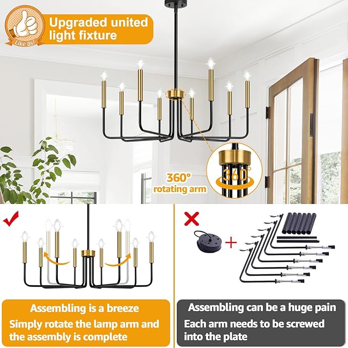Lynnoland Black and Gold 8-Light Farmhouse Chandelier for Dining Room Lighting Fixtures Hanging, Vintage Candle Pendant Light Fixtures Chandelier for Bedroom, Foyer and Living Room
