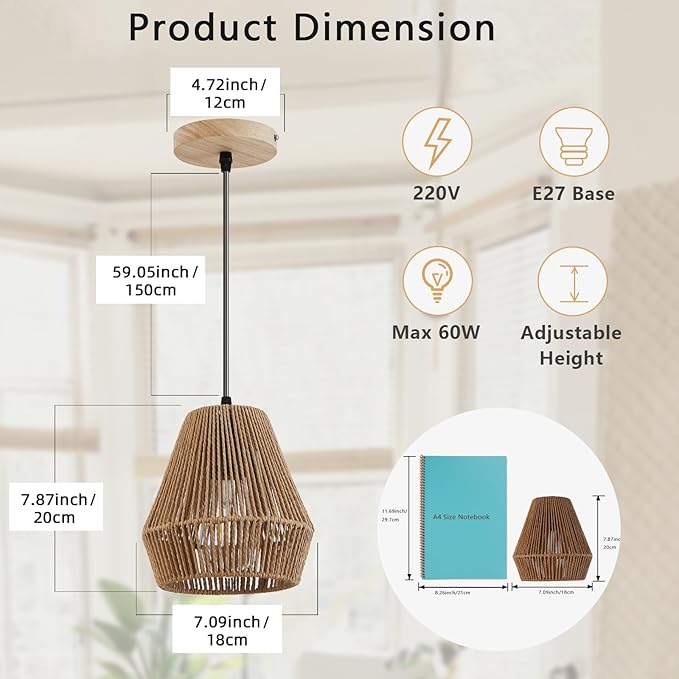 Bohemian Woven Rattan Pendant Light, 7'' Boho Hanging Light Fixture Mini Chandelier with Handwork Cage, Farmhouse Natural Small Pendant Lighting