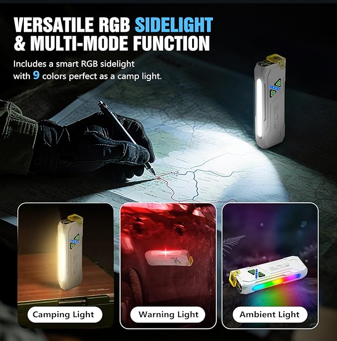 EDC Rechargeable Flat Flashlight 1000 Lumens White LED/UV/RGB Ambient Signaling Flashlights, Magnetic Clip on Pocket Light for Outdoors, Emergency, Working (White, Compact)