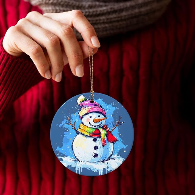 Christmas Cartoon Colorful Snowman Christmas Ornaments, Christmas Decorations Xmas Tree Hanging Ornaments, Round Ceramic Festive Keepsake Gift for Xmas Decorations Holiday Home Decor
